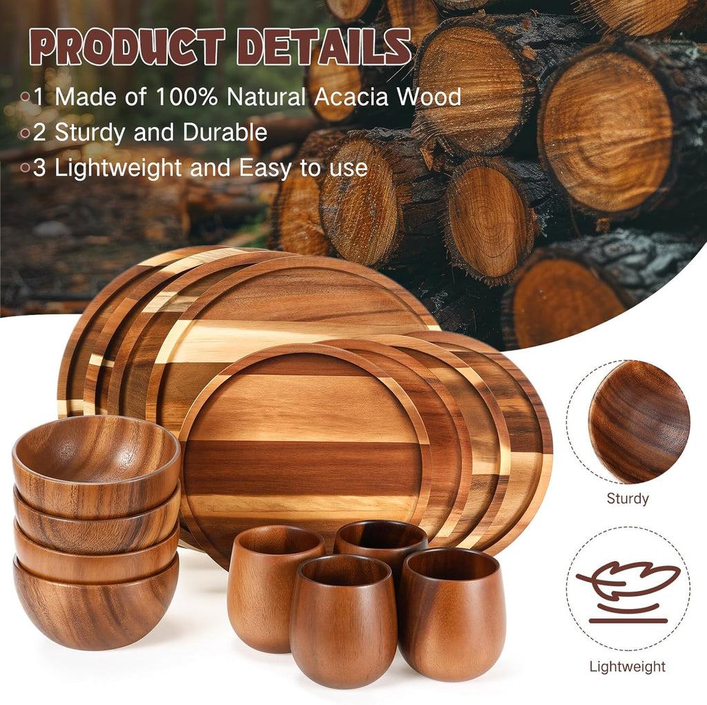 Maxdot 16 Pcs Acacia Wood Dinnerware Set, Round Wooden Plates,Solid Wooden Bowls and Tea Cups, Acacia Wood Tableware Supplies, Easy Cleaning & Lightweight for Dishes Snack, Dessert, Set for 4