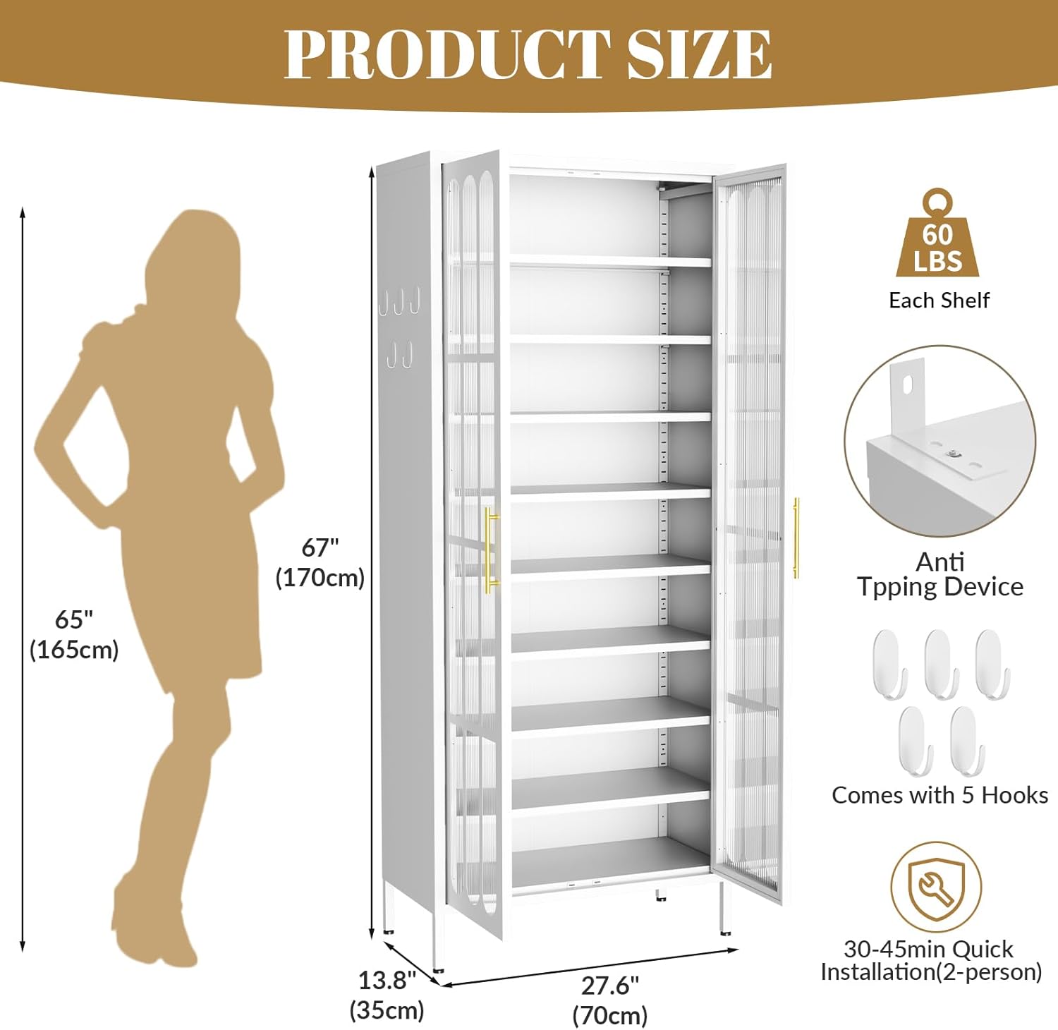 9-Tier Large Metal Shoe Storage Cabinet with Fluted Acrylic Doors & 8 Adjustable Shelves, Holds 27-36 Pairs, 67" Tall Shoe Organizer Rack for Entryway, Hallway, Cloakroom (White)