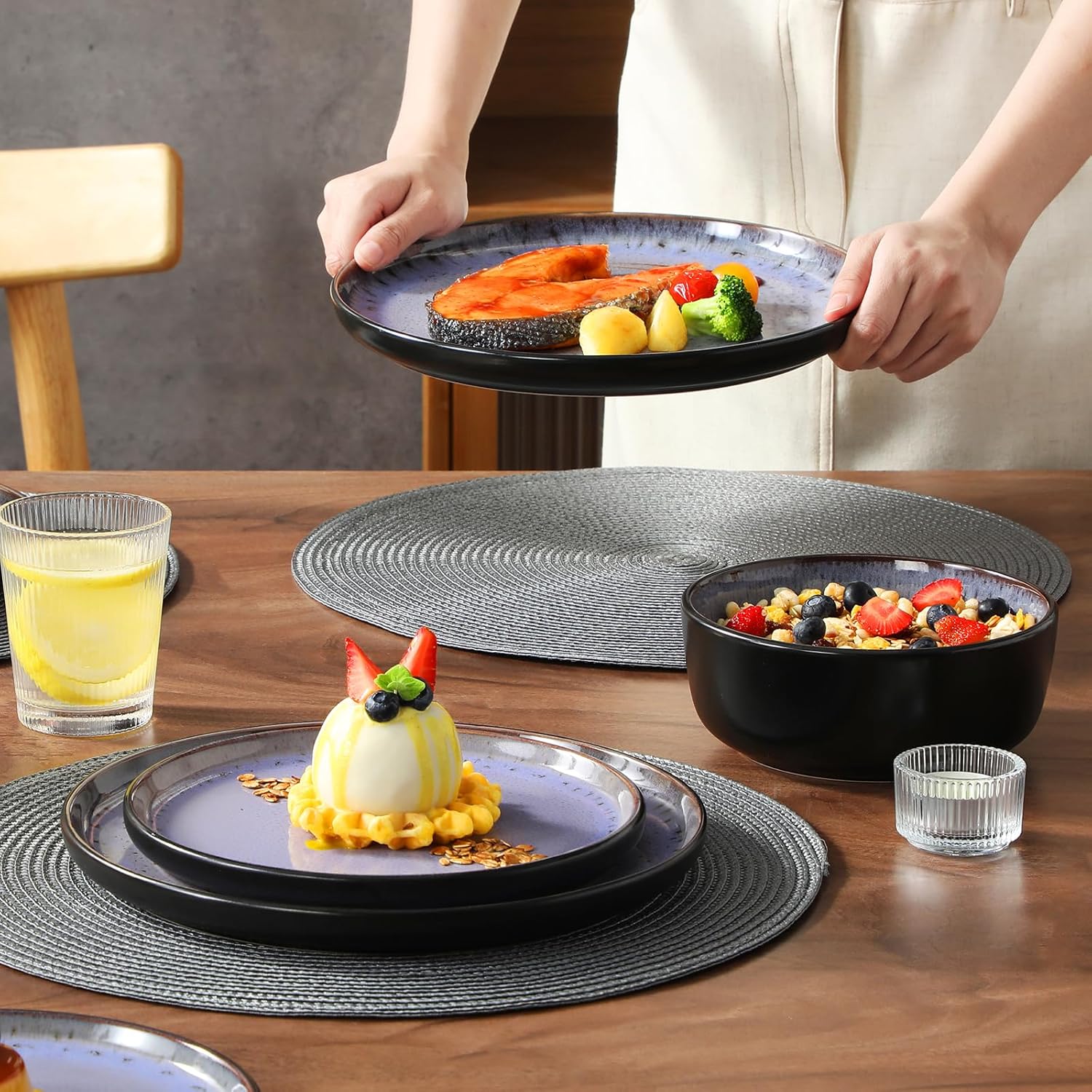 vancasso Plates and Bowls Sets, 18 Pieces Stoneware Dinnerware Sets for 6, Kitchen Dish Set Mircowave and Dishwasher Safe Dinner Set Ceramic Dishware, Light Purple, Series AMBER