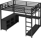 Queen Loft Bed with L-shaped Desk and Wardrobe, Metal Loftbed with Storage Cubes and Shelves, Heavy-duty Loft Bed Frame for Kids, Teens, Adults, Noise-free and No Box Spring Needed Design, Black