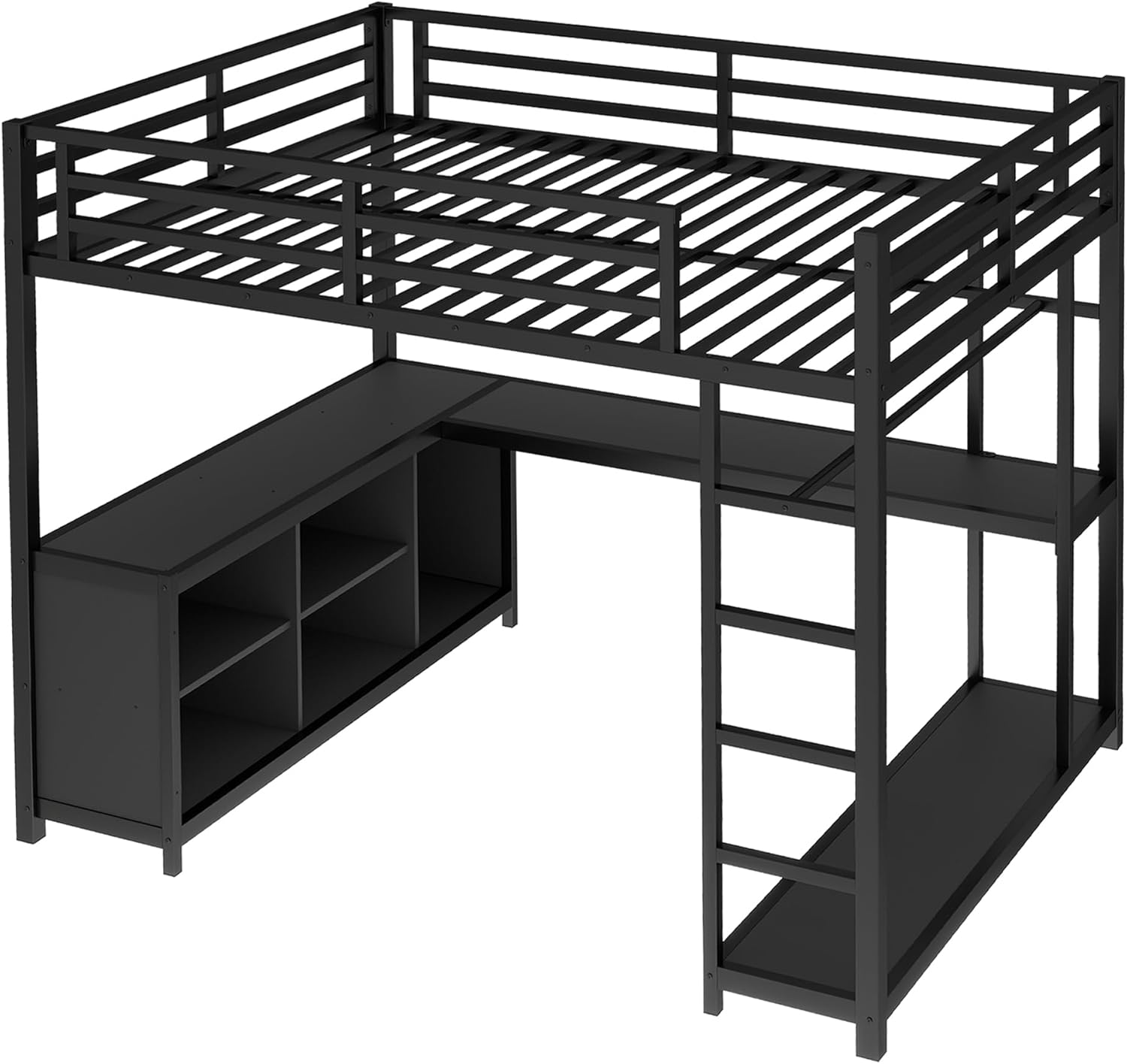 Queen Loft Bed with L-shaped Desk and Wardrobe, Metal Loftbed with Storage Cubes and Shelves, Heavy-duty Loft Bed Frame for Kids, Teens, Adults, Noise-free and No Box Spring Needed Design, Black