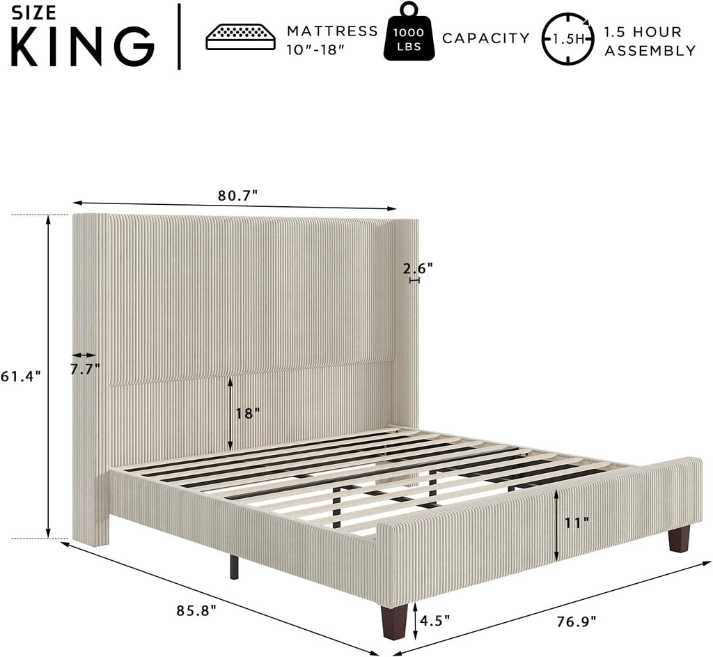 HOWE King Size 61" Corduroy Upholstered Bed Frame, Platform Bed with Vertical Stripe Wingback Headboard, No Box Spring Needed/Noise Free/Solid Wood Slats/Cream