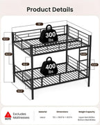 Full Over Full Bunk Bed, Convertible into 2 Full Beds, Heavy-Duty Metal Bed Frame with Safety Full-Length Guardrails & EVA Padded Ladder for Adults, Teens, Kids, No Box Spring Needed, Black