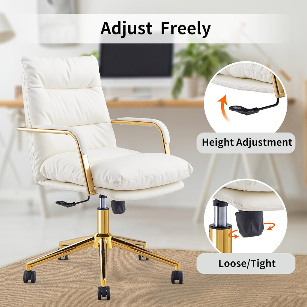 Leather Home Office Desk Chair, Executive Comfy Desk Chair with Support Armrests, Swivel Wheels, Height Adjustable, Mid Back, 360 Swivel, Computer Chair for Office Room, White