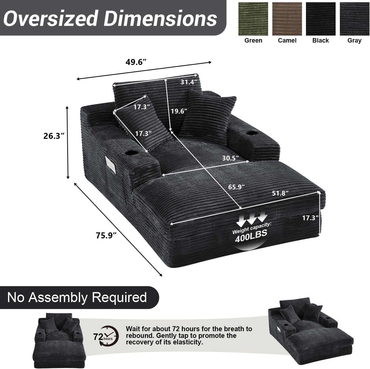 49.6"W x 75.9"D Super Oversized Chaise Lounge Chair Indoor Boneless Reading Chair Corduroy Recliner Deep Seat Sleeper Fluffy Comfy Sofa Bed Couch with Cup Holders for Living Room Bedroom, Dark Gray