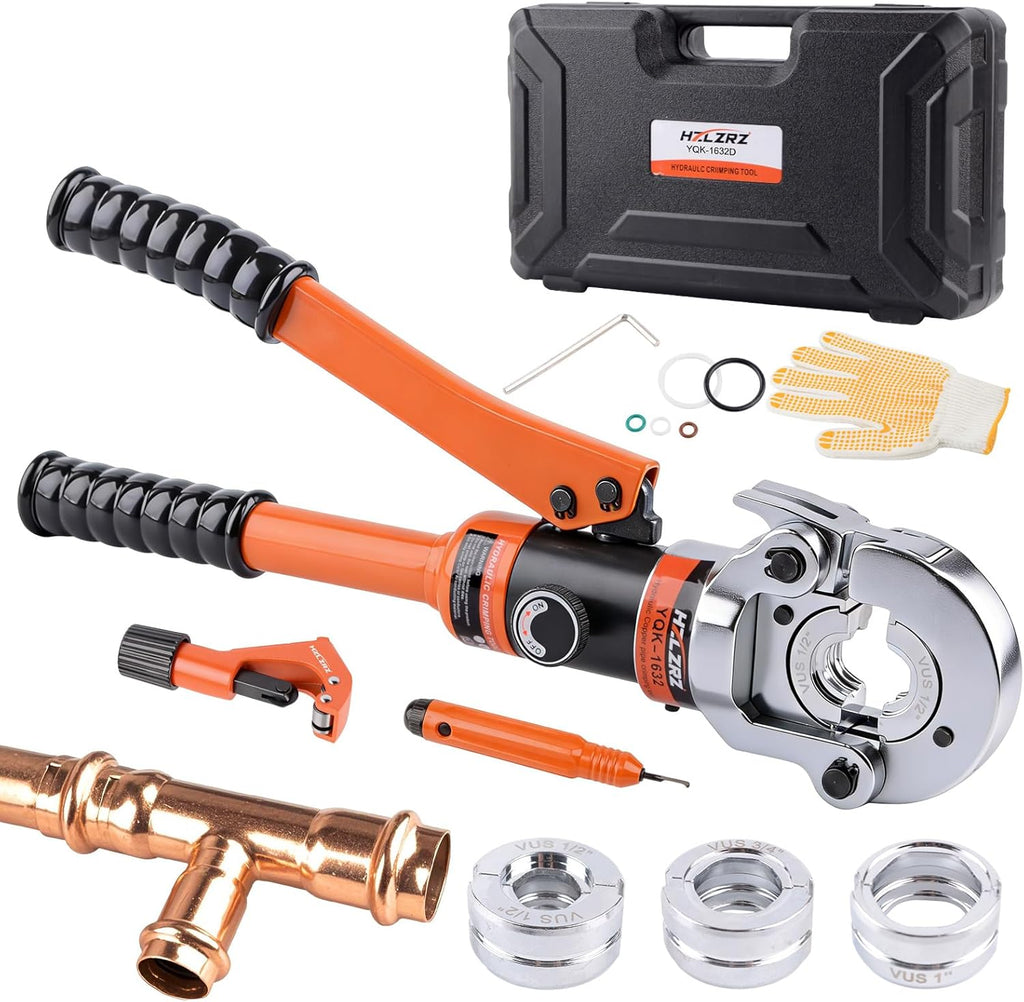 HZLZRZ Pro Press Copper Pipe Crimper Tool Kit with 3 Dies (1/2" 3/4" 1") for Plumbing & Water Heating, Includes Copper Tube Cutter and Burr Tool (YQK/1632D)