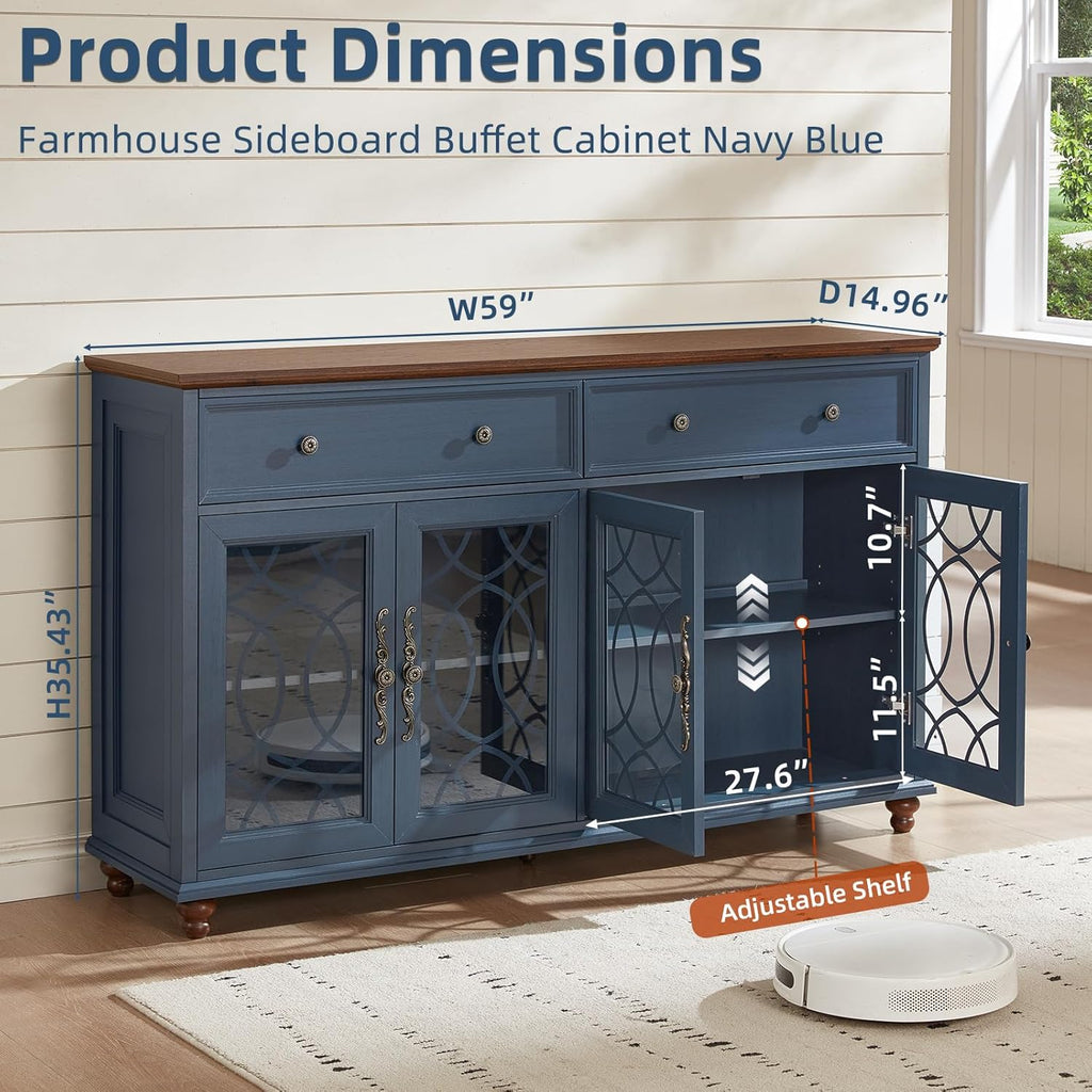Joaxswe Farmhouse Sideboard Buffet Cabinet with Storage,59" Large Credenza with 4 Glass Doors & 2 Drawers,Adjustable Shelves Console Table,Wood Kitchen Coffee Bar for Dining Room,Living Room,Navy Blue