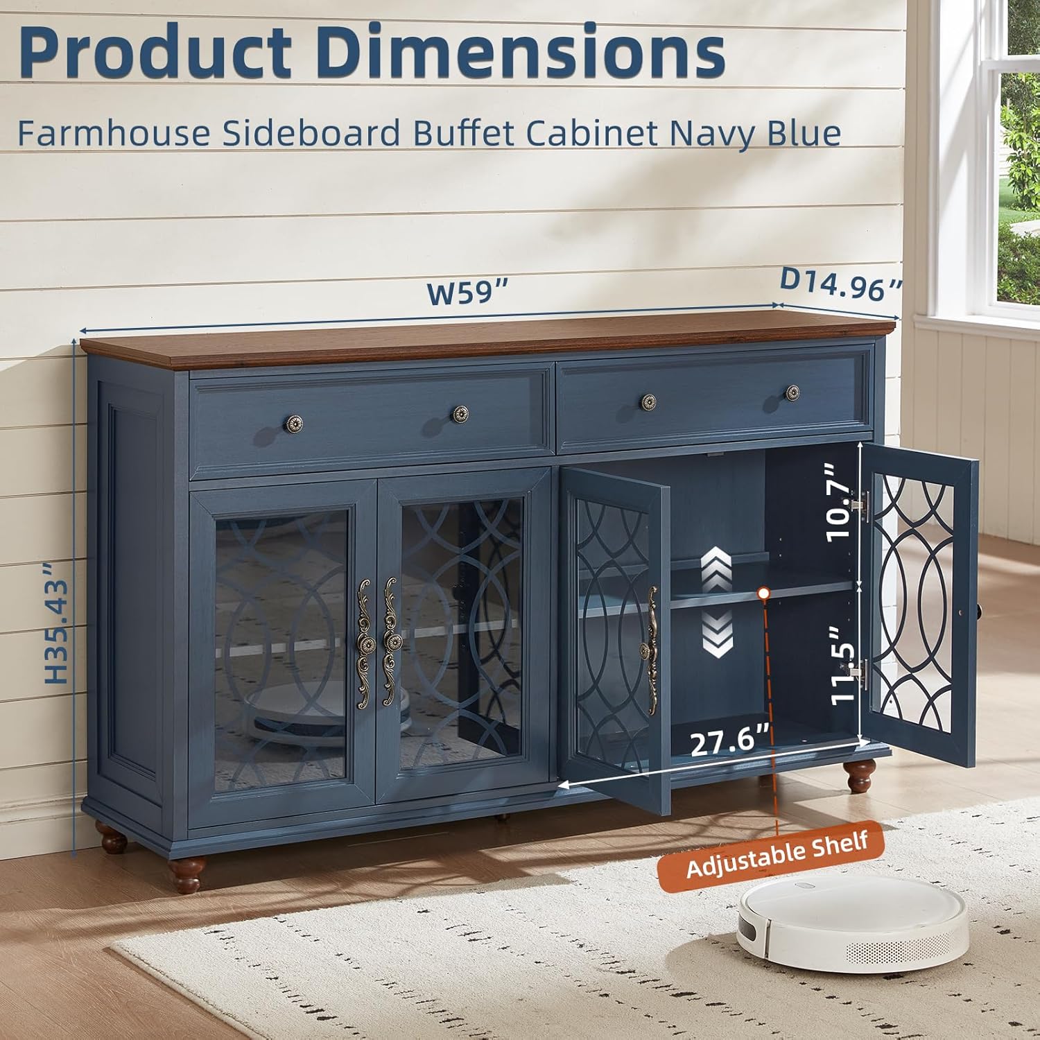 Joaxswe Farmhouse Sideboard Buffet Cabinet with Storage,59" Large Credenza with 4 Glass Doors & 2 Drawers,Adjustable Shelves Console Table,Wood Kitchen Coffee Bar for Dining Room,Living Room,Navy Blue