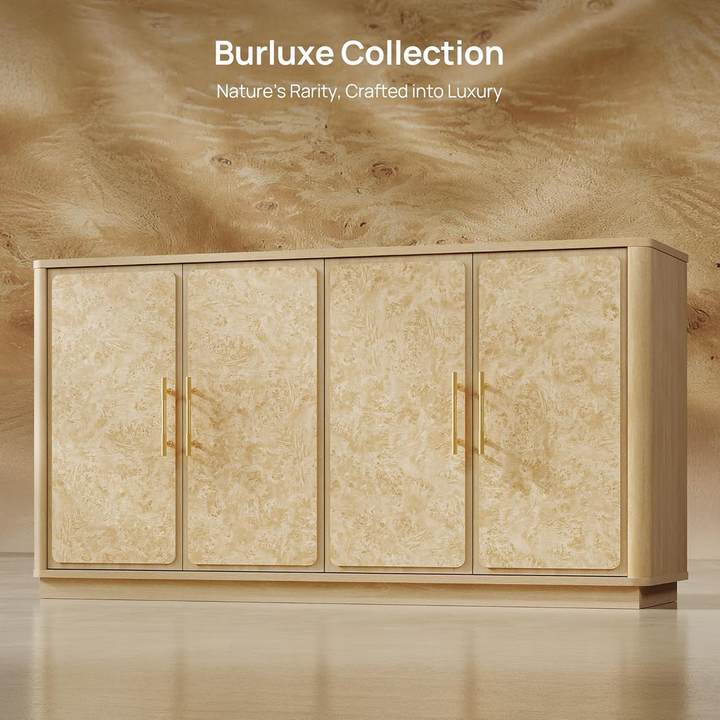 SICOTAS Buffet Cabinet with Storage - 59" Burl Sideboard Cabinet with 4 Doors Luxury Storage Cabinet Accent Credenza Large Media Console Table for Living Room Dining Room Entryway Kitchen