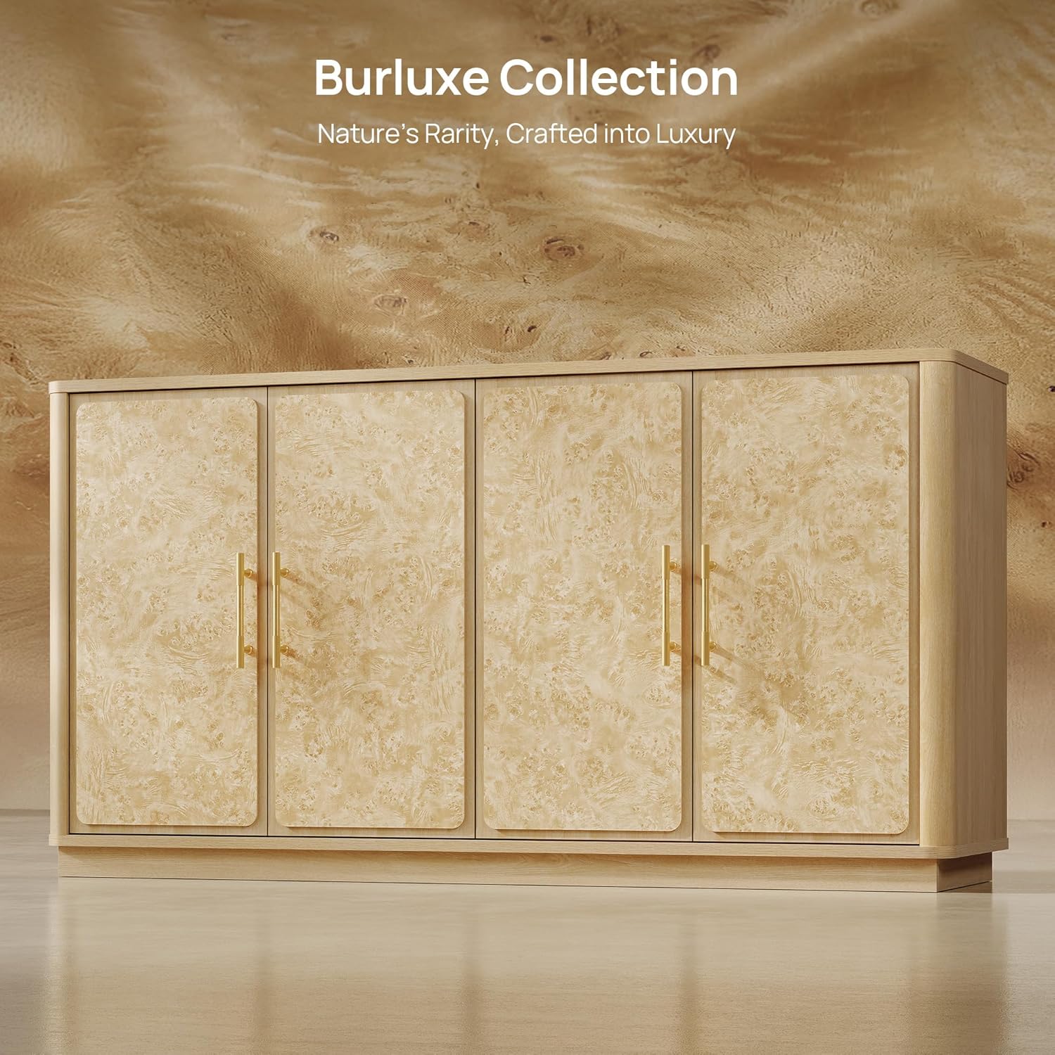 SICOTAS Buffet Cabinet with Storage - 59" Burl Sideboard Cabinet with 4 Doors Luxury Storage Cabinet Accent Credenza Large Media Console Table for Living Room Dining Room Entryway Kitchen