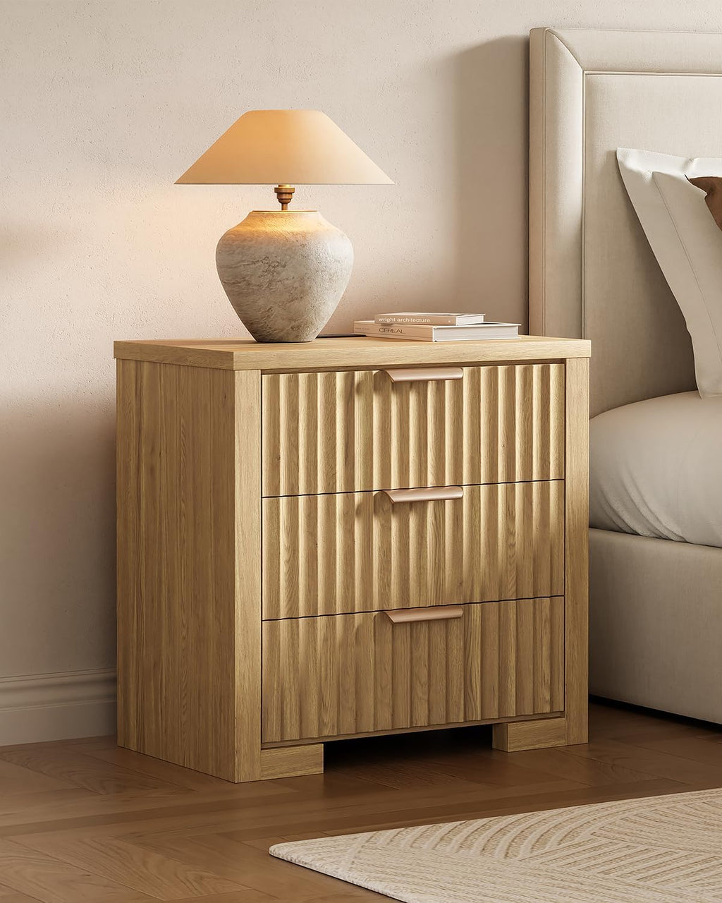 24" Fluted Night Stand Set of 2, Large Bedside Table with 3 Drawers, Modern Nightstand with Charger Station for Bedroom Home Office, Natural Oak