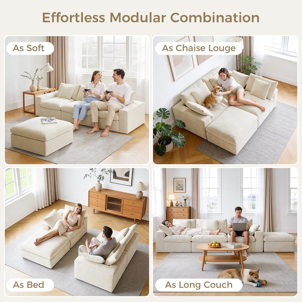 120" L-Shaped Boneless Cloud Couch, Modular Sectional Sofa with Ottoman and Extra-Wide Armrests, Deep Seat Sectional Couches for Living Room, 35D High-Density Foam, No Assembly Required, Beige