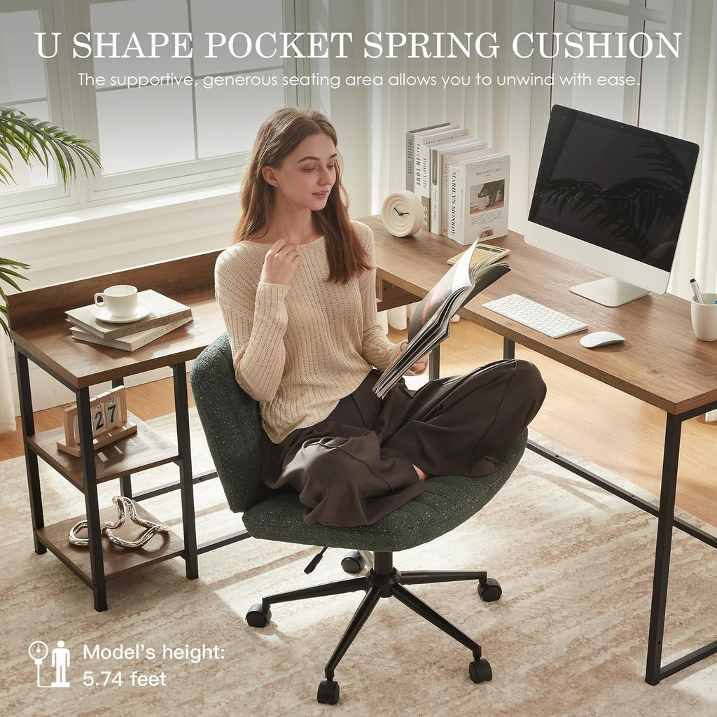 Dowinx Criss Cross Chair with Wheels, Preminum Fabric and Pocket Spring Cushion, Adjustable Swivel Wide Seat Computer Chair, Morden Design Vanity Chair Green