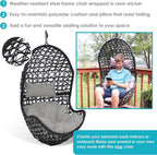 Sunnydaze Cordelia Egg Chair with Cushions -Resin Wicker Hanging Chair with 265-Pound Weight Capacity - Hanging Swing Includes Gray Polyester Cushion and Headrest