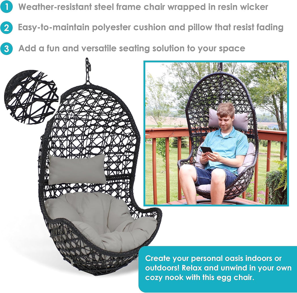 Sunnydaze Cordelia Egg Chair with Cushions -Resin Wicker Hanging Chair with 265-Pound Weight Capacity - Hanging Swing Includes Gray Polyester Cushion and Headrest