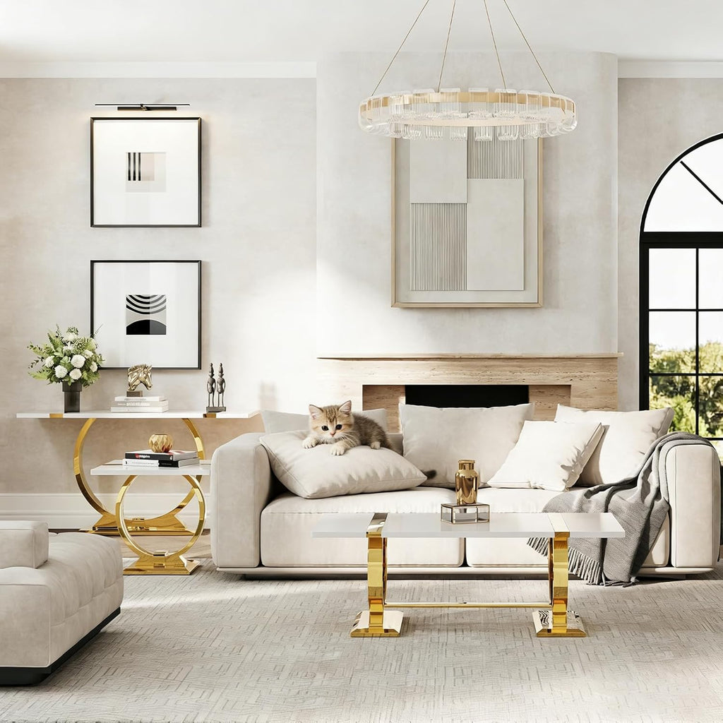 Asday 2 Pieces Modern Living Room Table Set, Wood Coffee Table and Console Table with U-Shape Golden Metal Frame, White and Gold