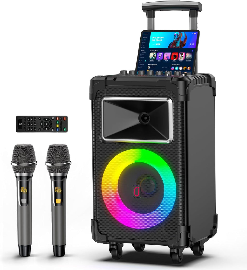JYX Karaoke Machine with 2 Wireless Mics  10" Woofer 500W Peak Power Big Portable Bluetooth Speaker with Bass/Treble Adjustment  PA System with Remote Control  LED Lights  Rolling Wheels and Trolley
