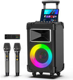JYX Karaoke Machine with 2 Wireless Mics  10" Woofer 500W Peak Power Big Portable Bluetooth Speaker with Bass/Treble Adjustment  PA System with Remote Control  LED Lights  Rolling Wheels and Trolley