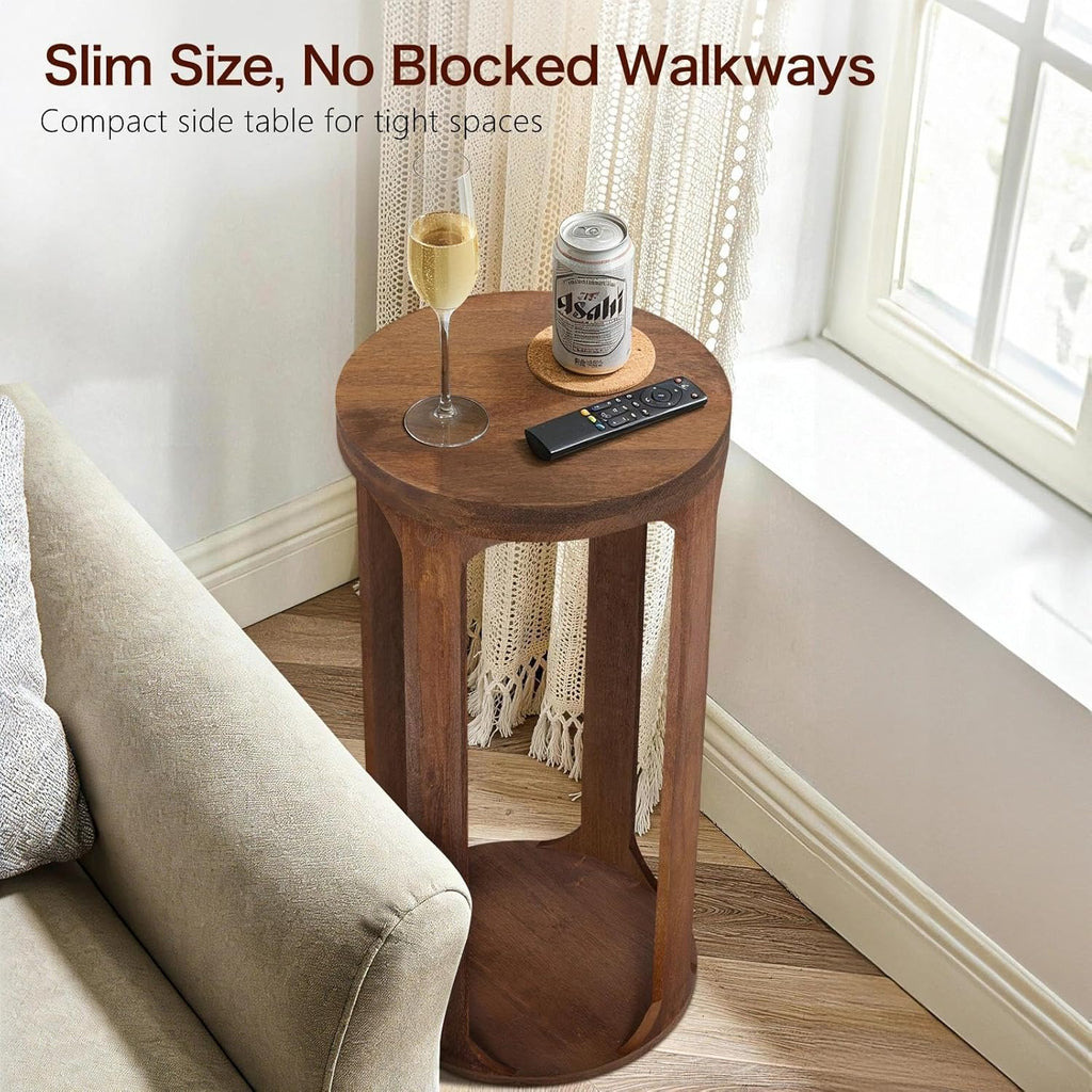 Wooden Drink Table, Pedestal Round End Table, Walnut Brown Nightstand Accent Tables, Small Side Tables for Living Room Plant Stand, Bedroom, 12" x 24"