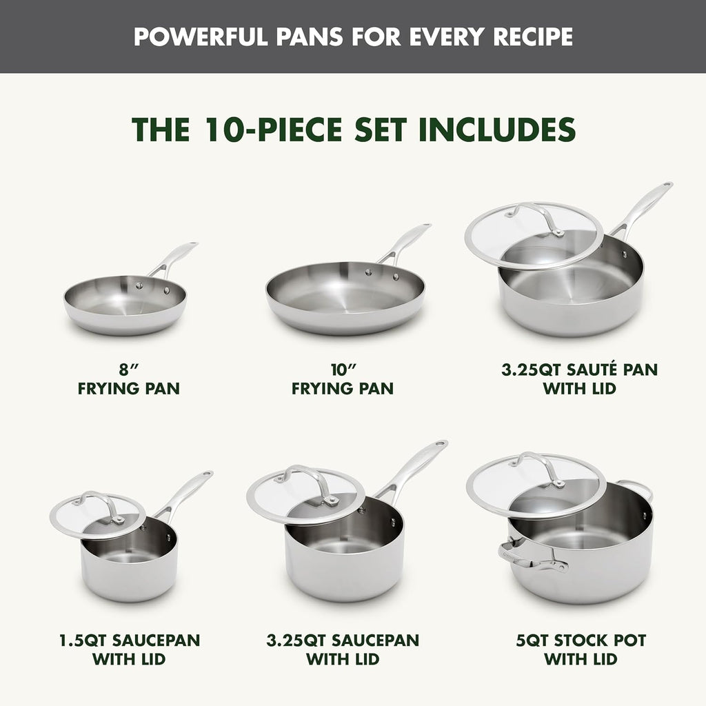 GreenPan Valencia Pro Tri-Ply Stainless Steel 10 Piece Cookware Set, Induction Ready Pots & Pans, Mirror Finish, Dishwasher & Oven/Broiler Safe to 600F, Compatible with All Cooktops