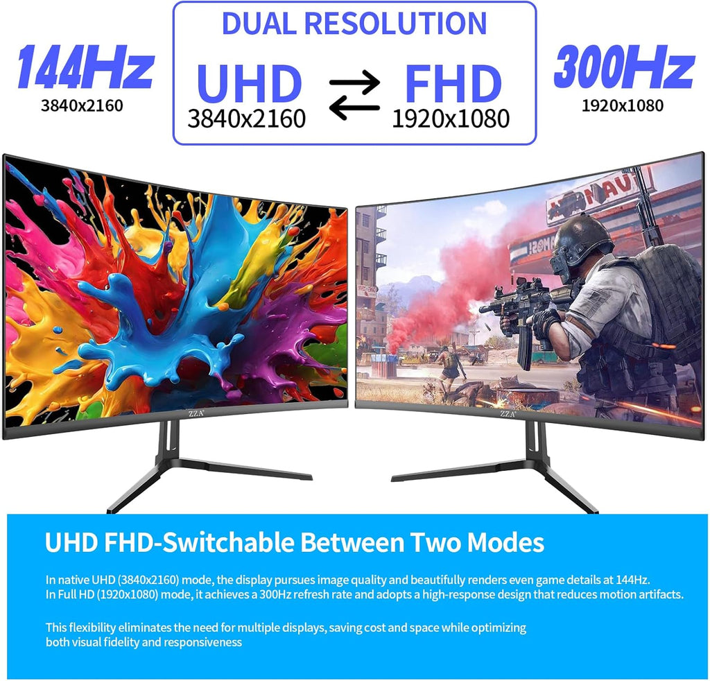 ZZA 27 Inch 4K Gaming Monitor Dual Mode UHD(3840x2160) 144Hz & FHD（1920 * 1080） 300Hz  Adaptive Sync HDMI 2.1 & DP 1.4  Tilt Adjustment PC Monitor  VESA  Black