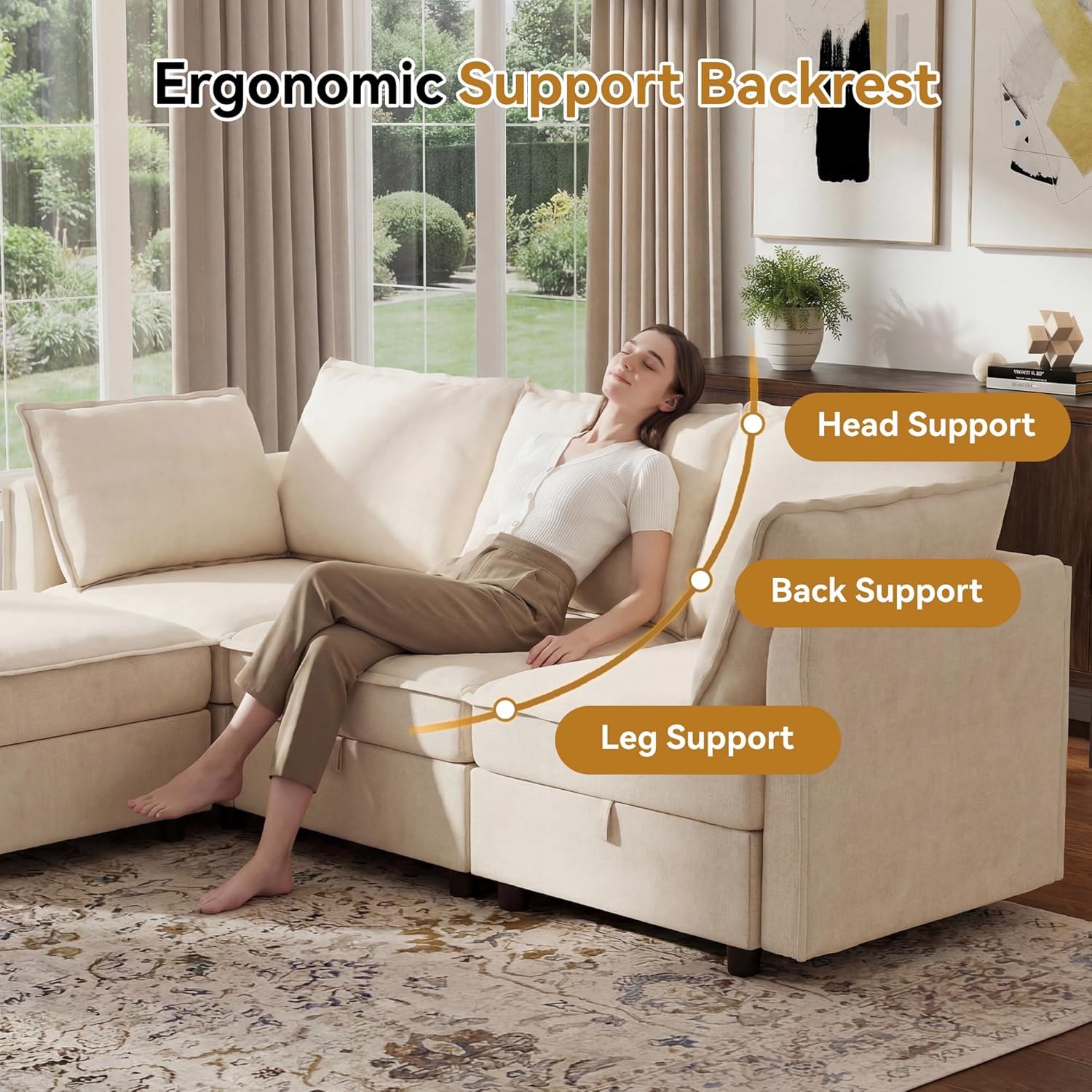 Ihanherry 129.6” Modular Sectional Sofa with Storage, U Shaped Couch for Living Room, 6-Seat Chenille Deep Seat Sofa with Movable Ottoman, Convertible Couches for Bedroom and Apartment .Beige
