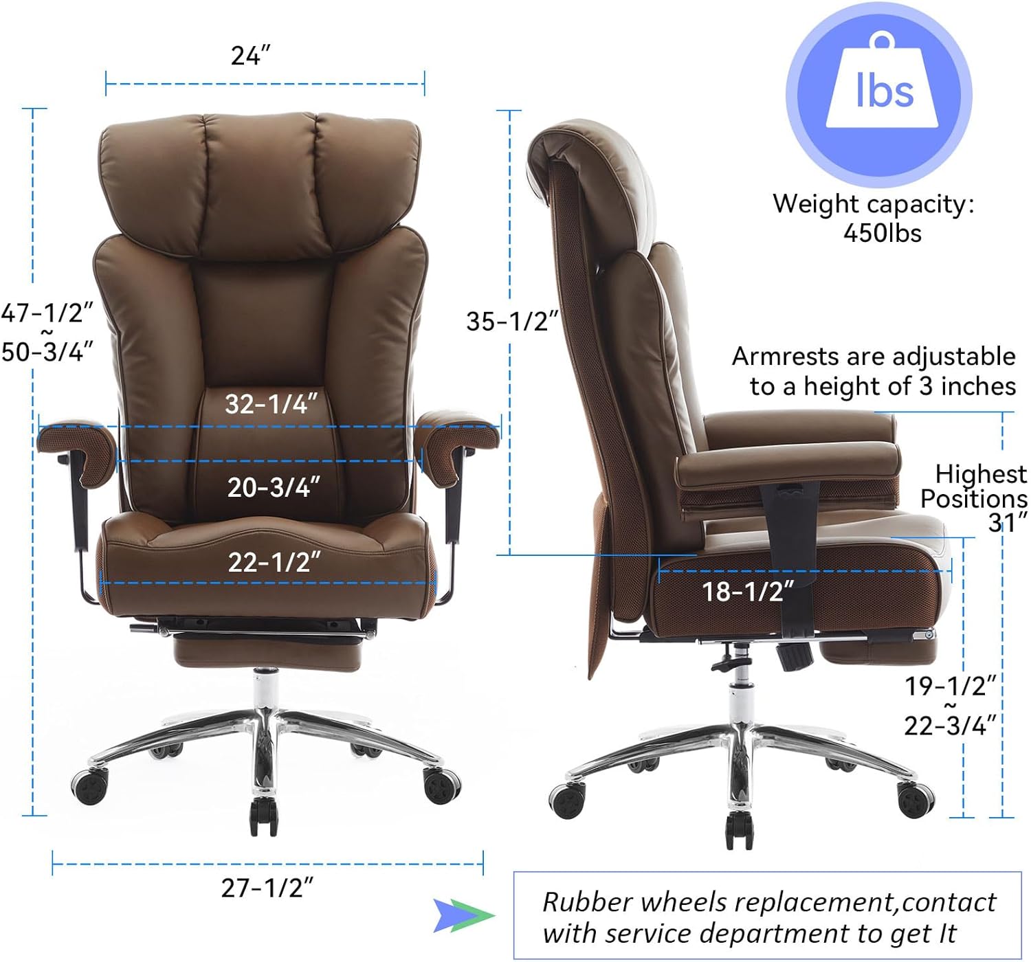 Efomao Big and Tall Office Chair 400lbs - Heavy Duty Executive Desk Chair with Foot Rest & 23" Wide Seat - High Back Ergonomic Leather Computer Chair for Heavy People, Home Office, Brown