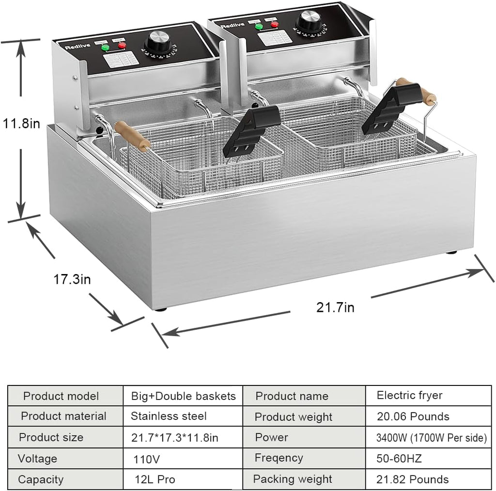 Electric Deep Fryer 22.6L/24QT Stainless Steel Large Capacity Commercial Fryer with Basket, 3400W 110V Countertop Deep Fryer for Home Kitchen and Restaurant Use withTemperature Control