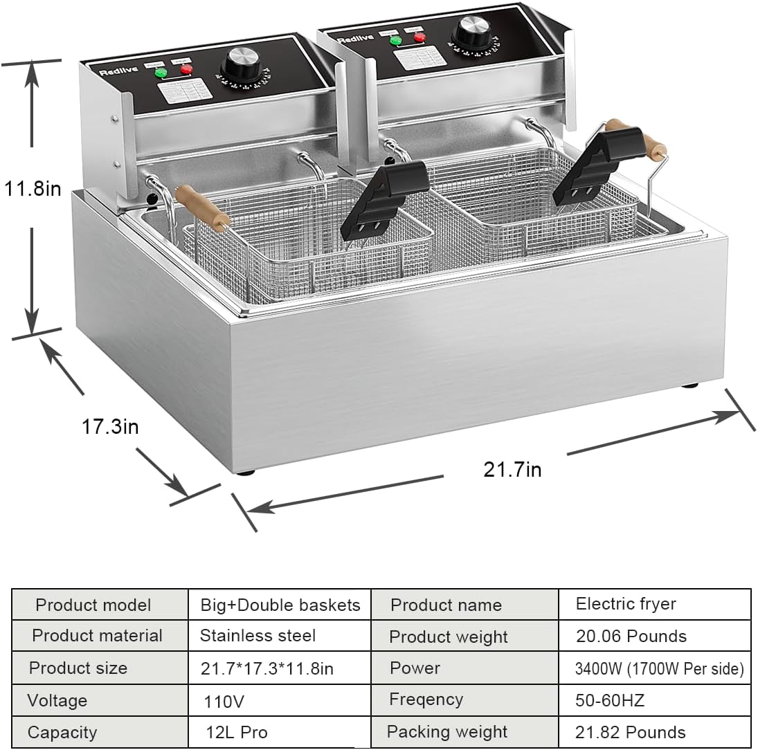 Electric Deep Fryer 22.6L/24QT Stainless Steel Large Capacity Commercial Fryer with Basket, 3400W 110V Countertop Deep Fryer for Home Kitchen and Restaurant Use withTemperature Control