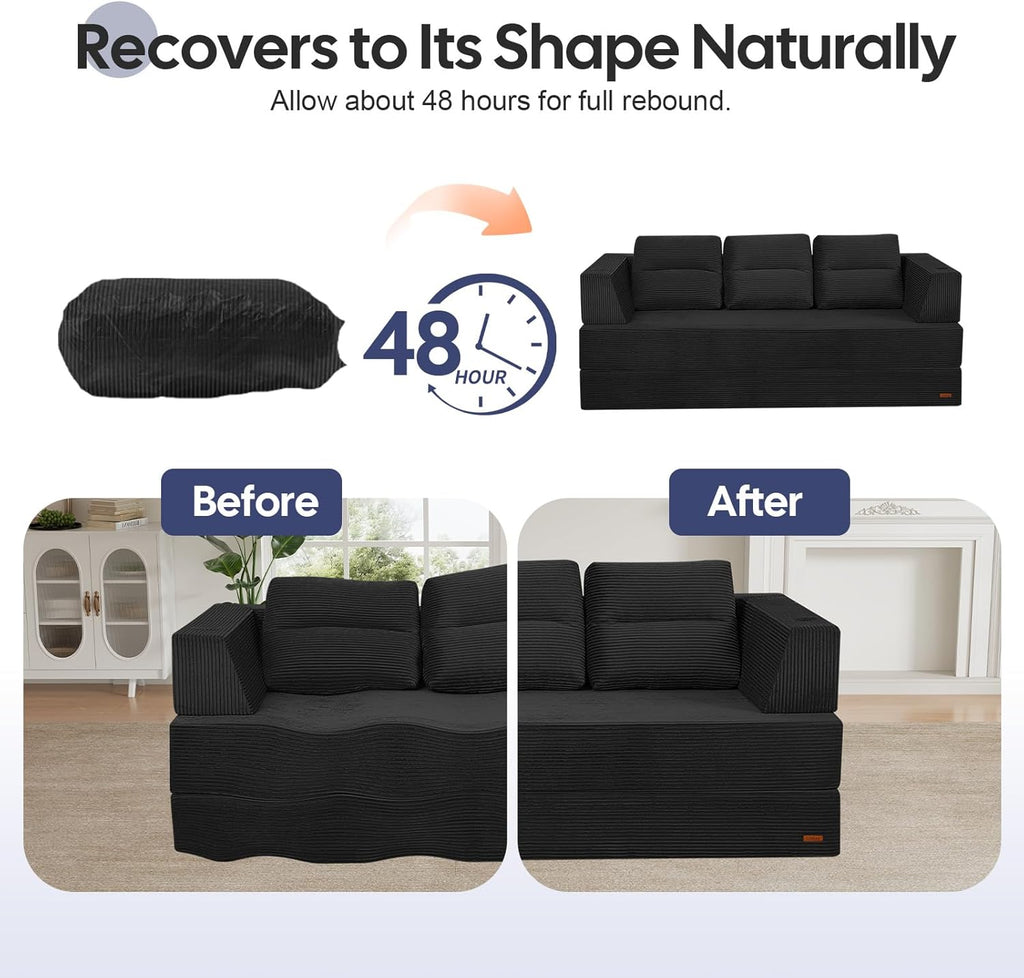 COMAX Futon Sofa Bed Queen, 79" Convertible Sofa Bed Couches for Living Room, 4 in 1 Folding Boneless Sleeper Corduroy Couch Loveseat Foam In a Box, Comfy Foldable Lounge Fold Out Floor Mattress Black