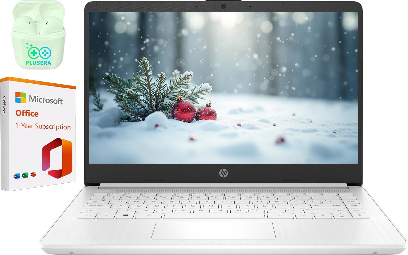 HP 14" Business Laptop Computer with Microsoft Office 365  Intel Quad-Core Processor  64GB eMMC  4GB RAM  Windows 11 Laptop  PLUSERA Earphones  White