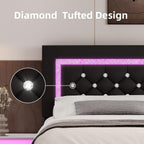 BarnFurin Queen Size Bed Frame with LED Lights, Upholstered Platform Bed with Diamond Tufted Headboard, No Box Spring Needed, Noise Free, Easy Assembly, Black