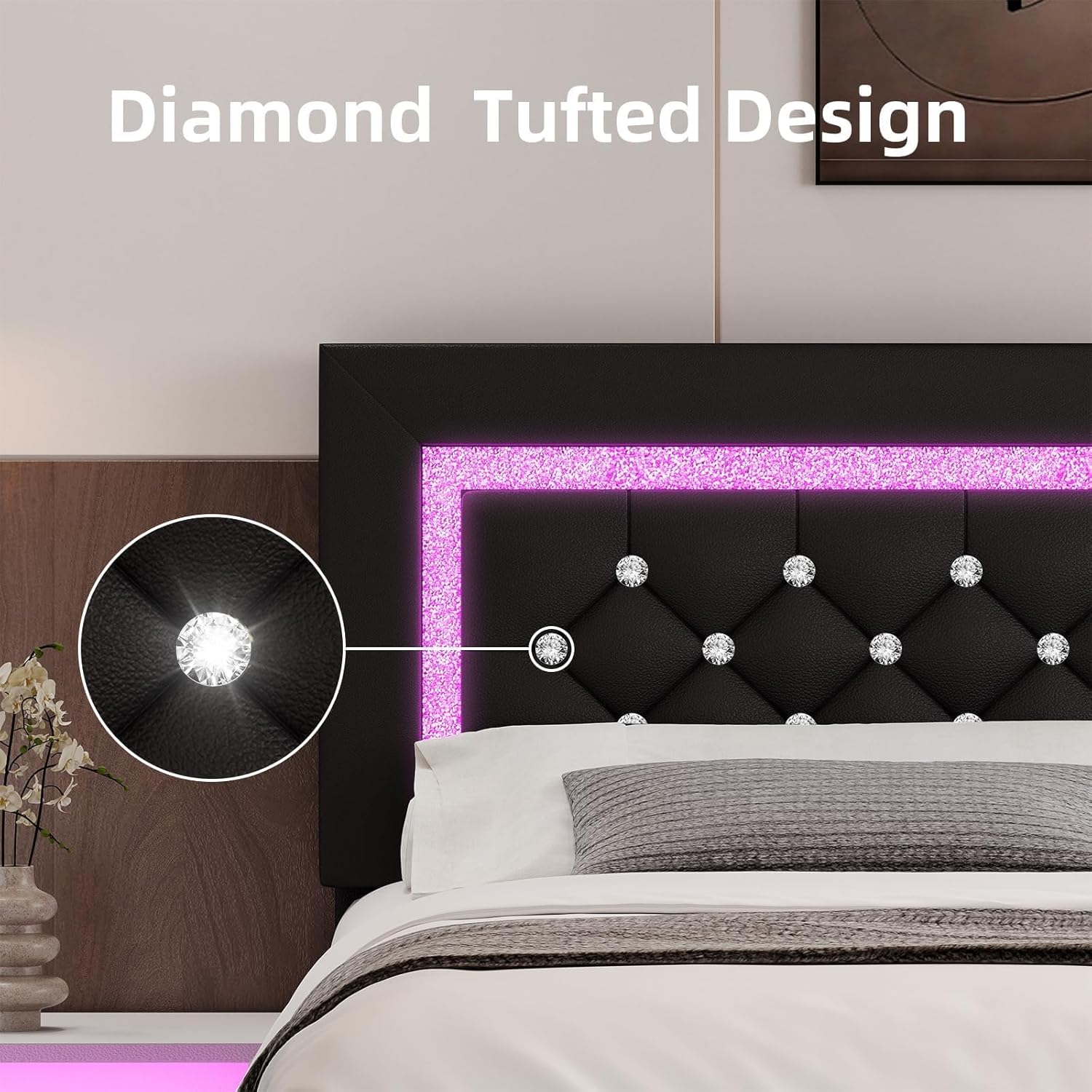 BarnFurin Queen Size Bed Frame with LED Lights, Upholstered Platform Bed with Diamond Tufted Headboard, No Box Spring Needed, Noise Free, Easy Assembly, Black