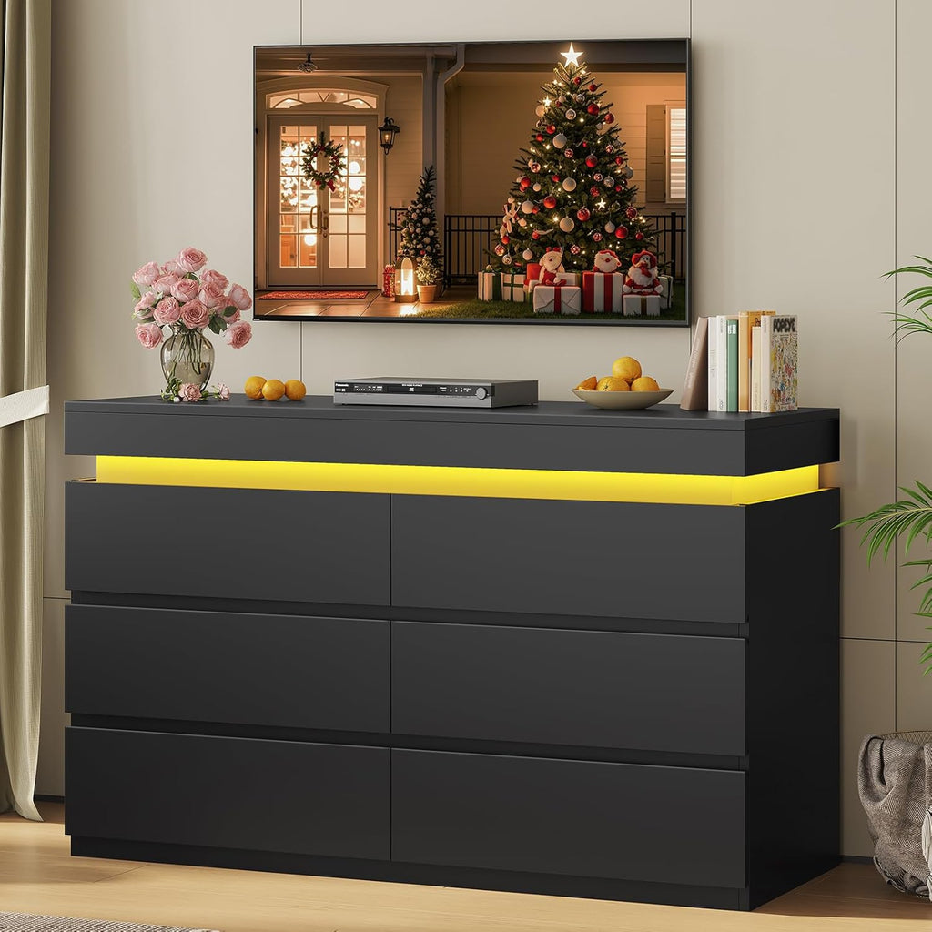 6 Drawer Dresser with LED Light, Black Modern Chest of Drawers for Bedroom,Closet Dressers with Drawers for Living Room, Entryway, Hallway