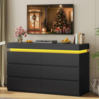 6 Drawer Dresser with LED Light, Black Modern Chest of Drawers for Bedroom,Closet Dressers with Drawers for Living Room, Entryway, Hallway