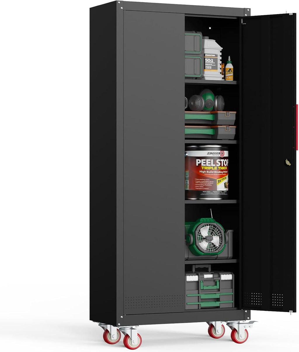 Kelueo 71" H Garage Storage Cabinet with Wheels,Metal Cabinets with 4 Adjustable Shelves and 2 Locking Doors for Garage,Home,Office,Shop,Black