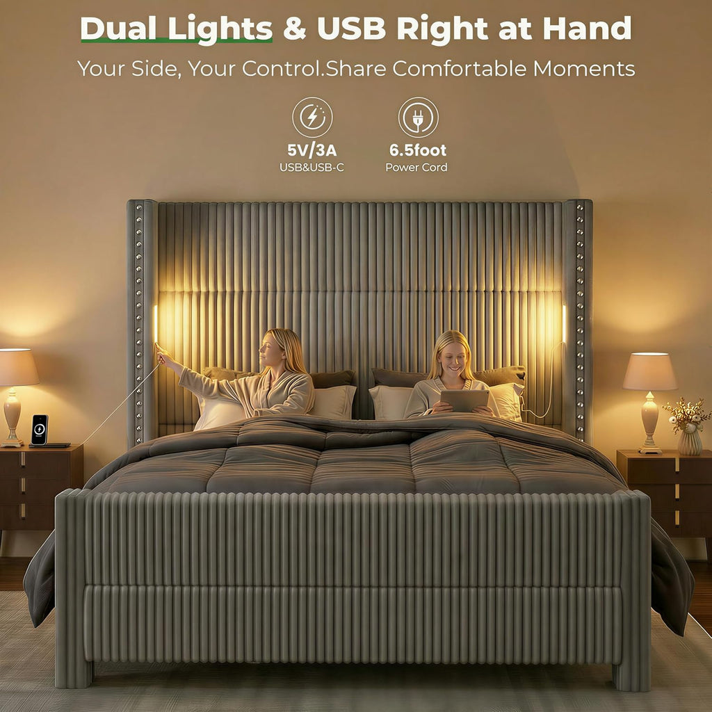 Queen Bed Frame with 56.7" Tall Headboard & Reading Lights, Corduroy Upholstered Wingback Platform Bed with Charging Station, Modern Retro Design, Noise Free, No Box Spring Required, Grey