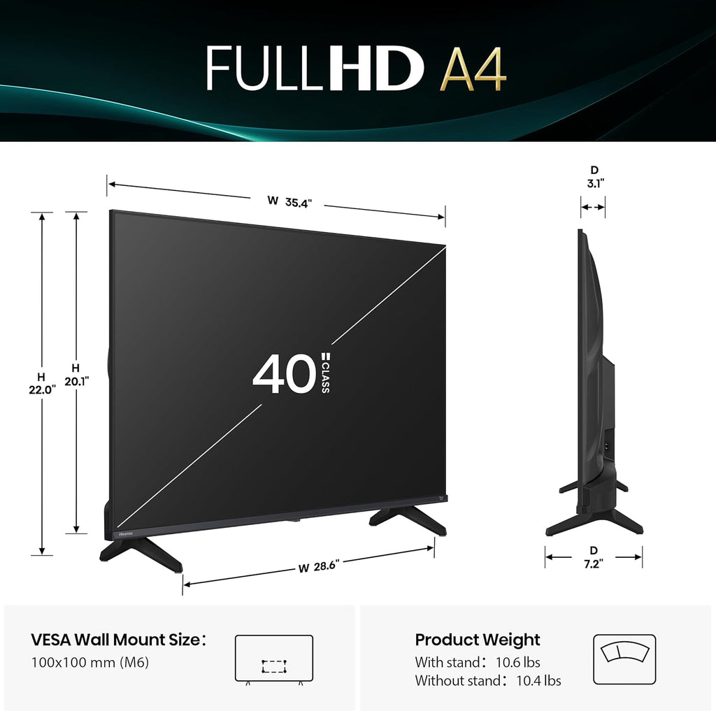Hisense 40-Inch Class A4 Series FHD 1080p Smart Fire TV (40A4NF, 2025 Model) - DTS Virtual: X, Slim Bezel Design, Alexa Built in, Streaming TV, Black