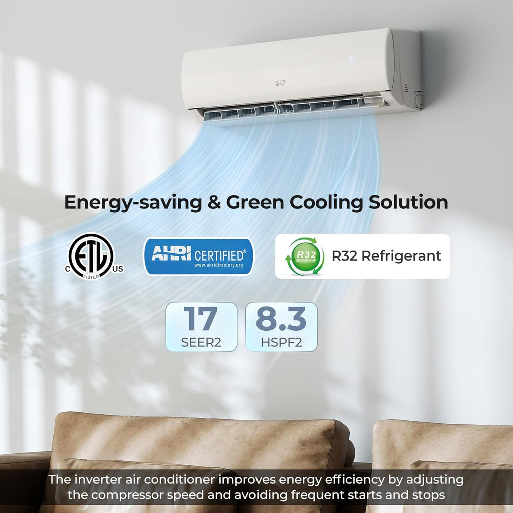 COSTWAY 11500 BTU Mini Split Air Conditioner, 208/230V 17 SEER2 Wifi Enabled Inverter Air Conditioner & Heater Pump System Cools Up to 750 Sq. Ft, Compatible with Alexa, w/Installation Kit