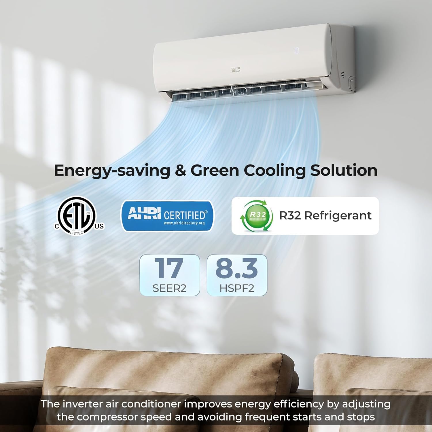 COSTWAY 11500 BTU Mini Split Air Conditioner, 208/230V 17 SEER2 Wifi Enabled Inverter Air Conditioner & Heater Pump System Cools Up to 750 Sq. Ft, Compatible with Alexa, w/Installation Kit