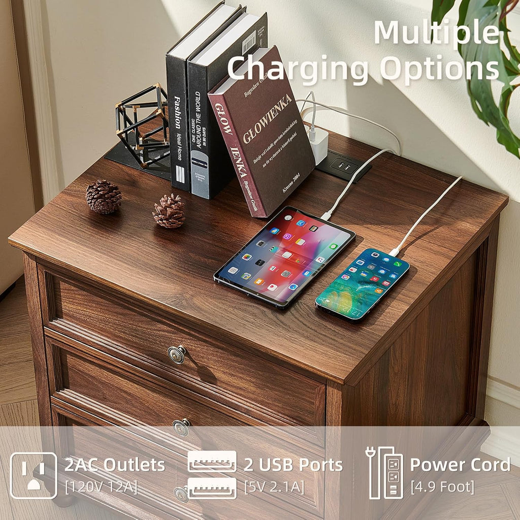 Farmhouse Nightstand Set of 2 with Charging Station, 24" Wide End Table with 3 Drawers,Dresser for Bedroom,Bed Side Table Chest of Drawers Cabinet,Wood Brown Night Stand for Living Room