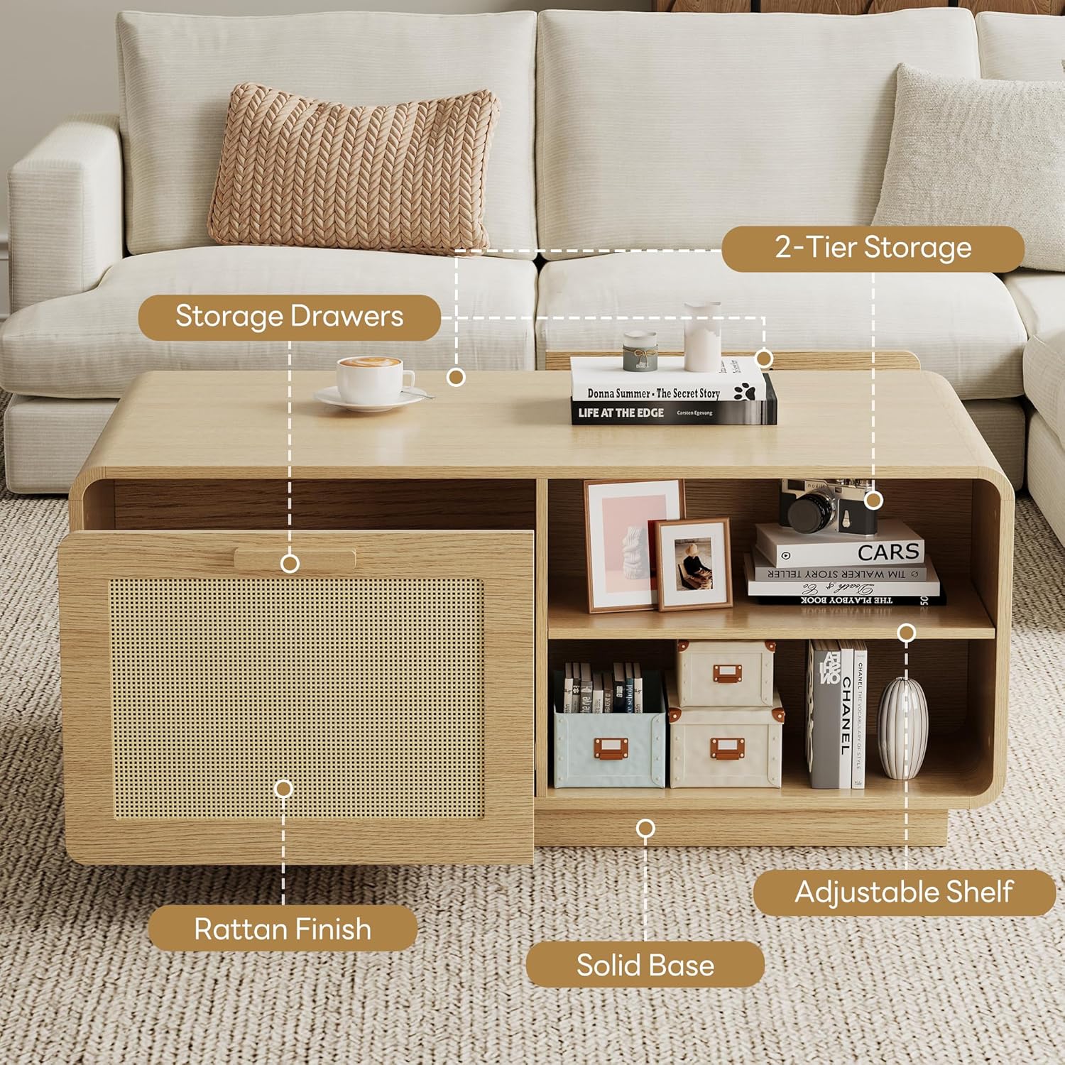 LIKIMIO 39.4" Rattan Coffee Table with Storage Drawers, Safety Curved Corners & 4-Tier Adjustable Shelves, Sturdy Base, Wood Center Table for Living Room, Natural