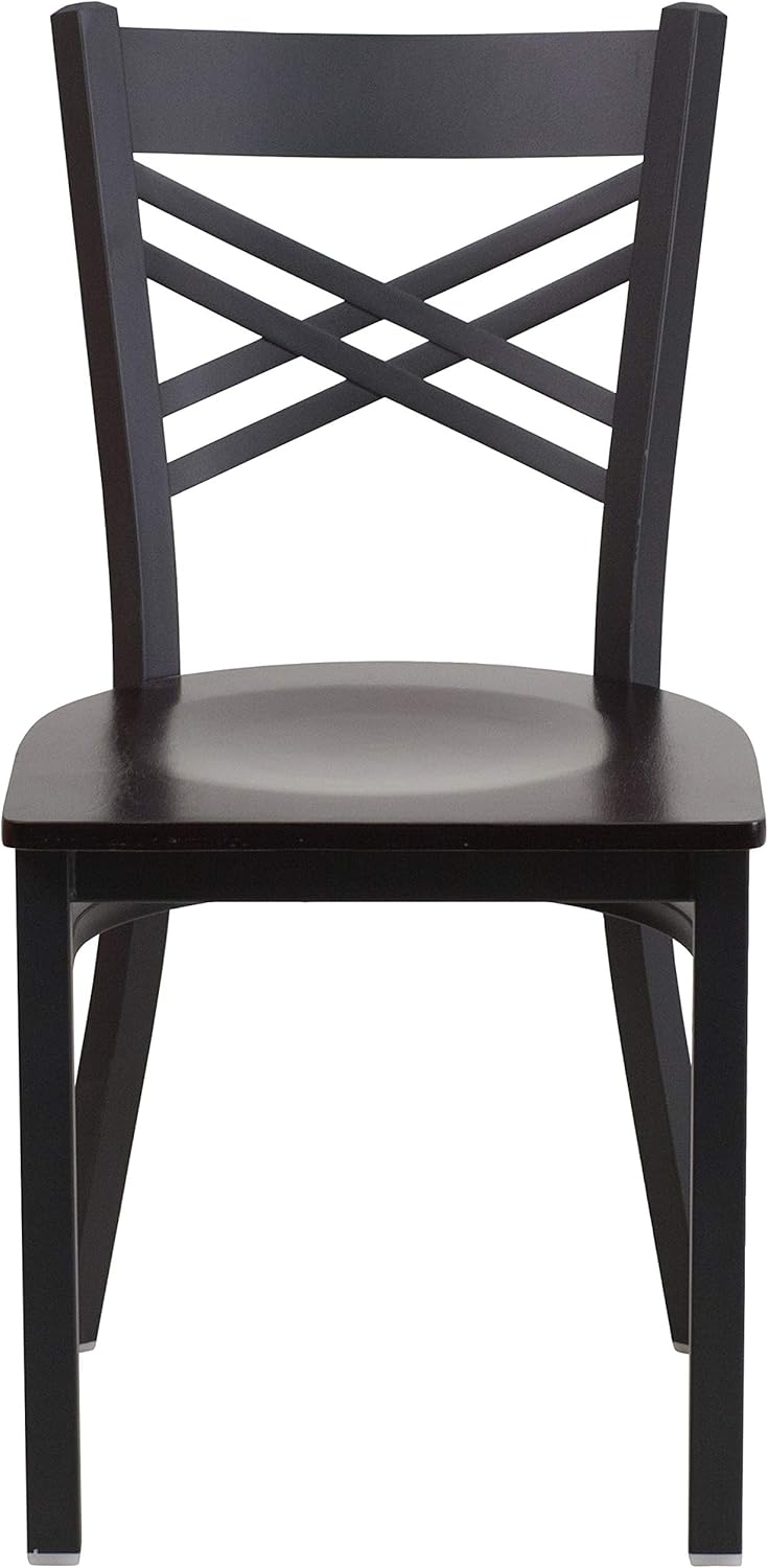 Flash Furniture 2 Pack HERCULES Series Black ''X'' Back Metal Restaurant Chair - Walnut Wood Seat