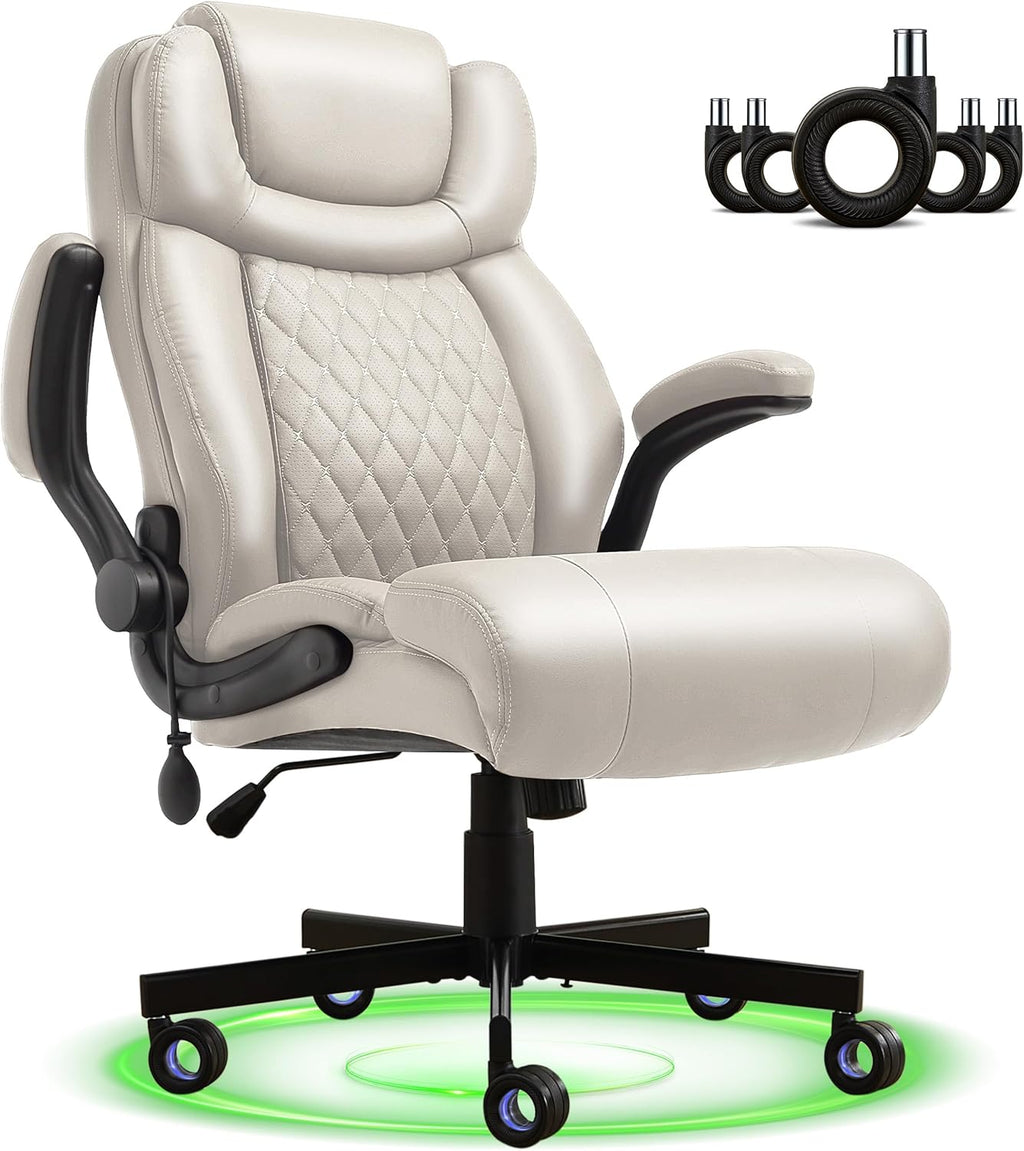 550LBS Big and Tall Office Chair, Comfy Heavy Duty Executive Chair with Adjustable Lumbar Support Double Spaces Casters, PU Extra Wide Seat Ergonomic Computer Desk Chair for Back Pain, BEIGEWHITE