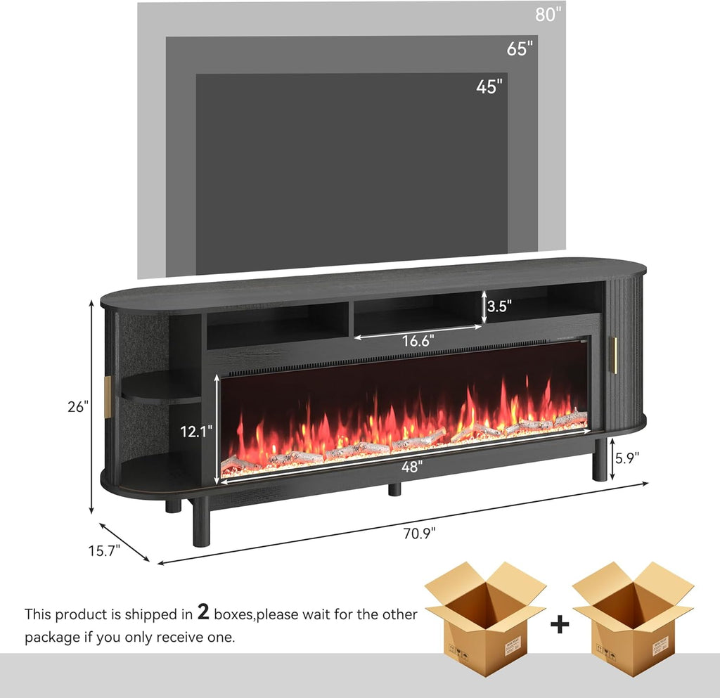 70 Inch Modern Fireplace TV Stand for TVs up to 80 inches, Mid Century TV Console with Solid Wood Legs, Sliding Doors & Curved Design,Media Console for Living Room, Black
