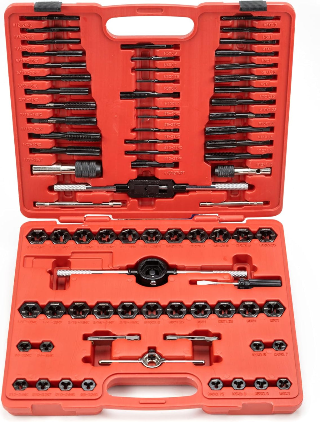 NEIKO Tap and Die Set, 76 Piece, Metric and Standard, Rethreading, Cutting, Repairing Threading Tool for External & Internal Thread Tap Set, SAE & MM, Hex Die, UNC, UNF, AND NPT Threads, Complete Kit