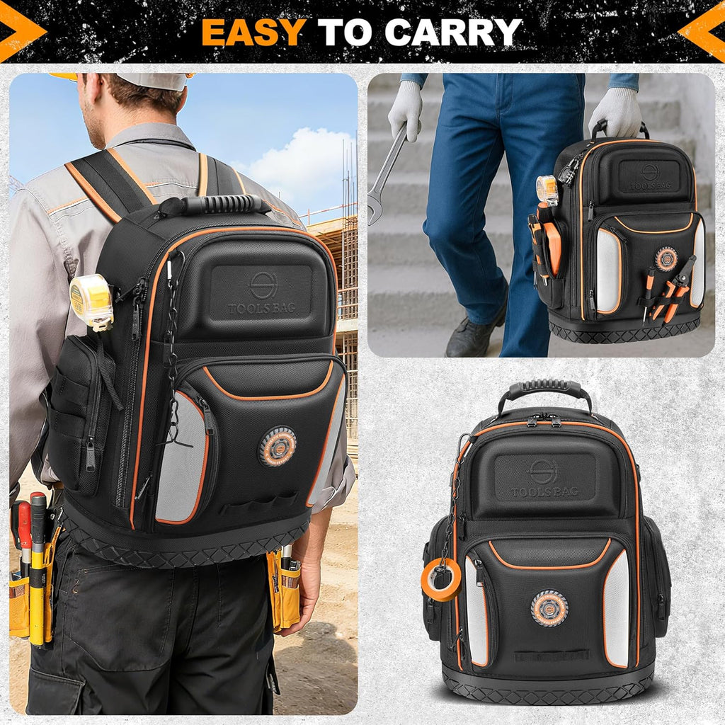 Tool Bag Backpack, 75 Pockets & Loops Heavy Duty Tools Organizer Bags/HVAC Tool Carrier for Eelectrician/Construction Work with Molded Base and Combination Lock, Large, Black and Orange