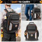 Tool Bag Backpack, 75 Pockets & Loops Heavy Duty Tools Organizer Bags/HVAC Tool Carrier for Eelectrician/Construction Work with Molded Base and Combination Lock, Large, Black and Orange