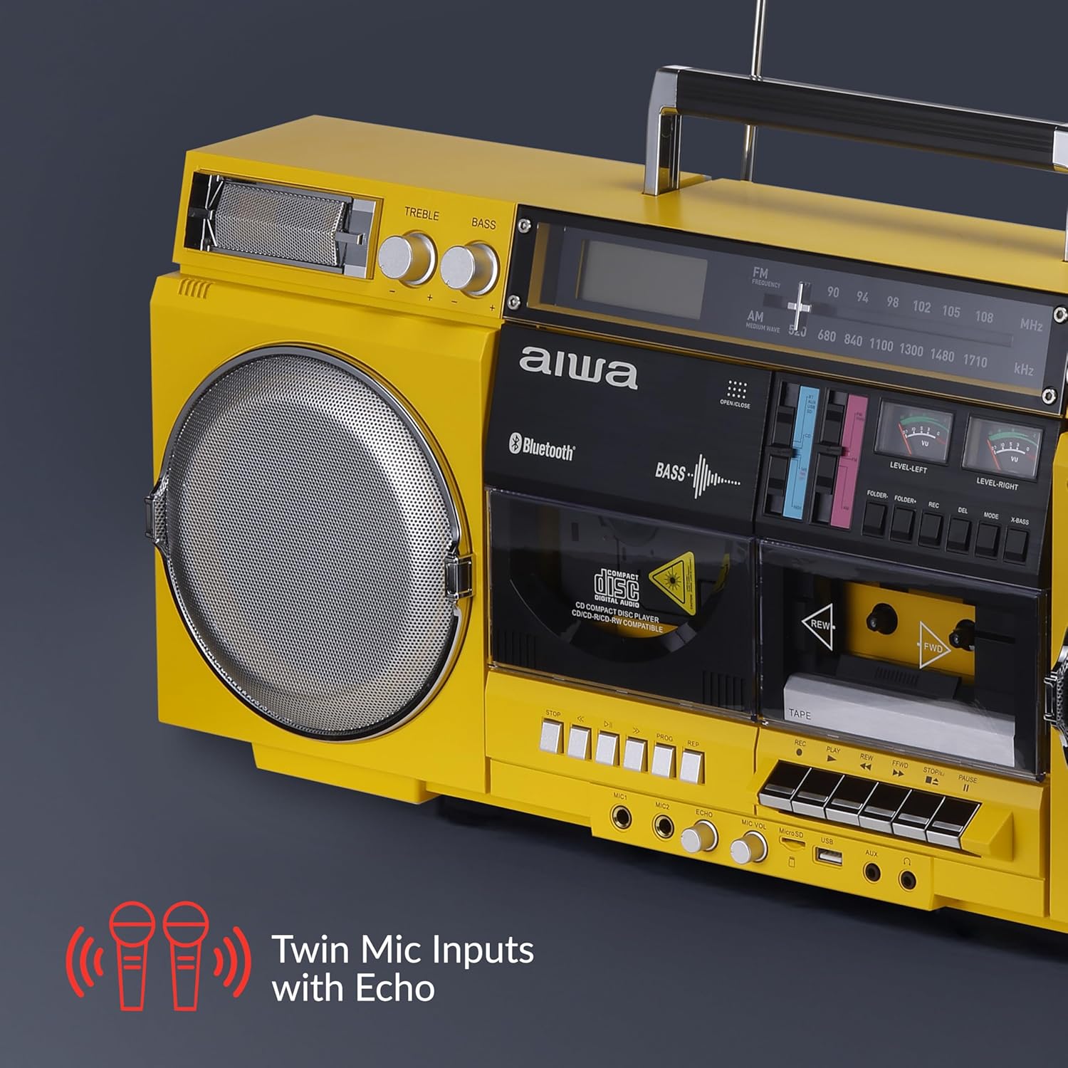 aiwa Retro Boombox CD Player with Cassette Recording  Bluetooth 5.0  FM/AM Radio  USB/SD/AUX Inputs  VU Meters  LCD Display  Dual 40W Speakers - Yellow