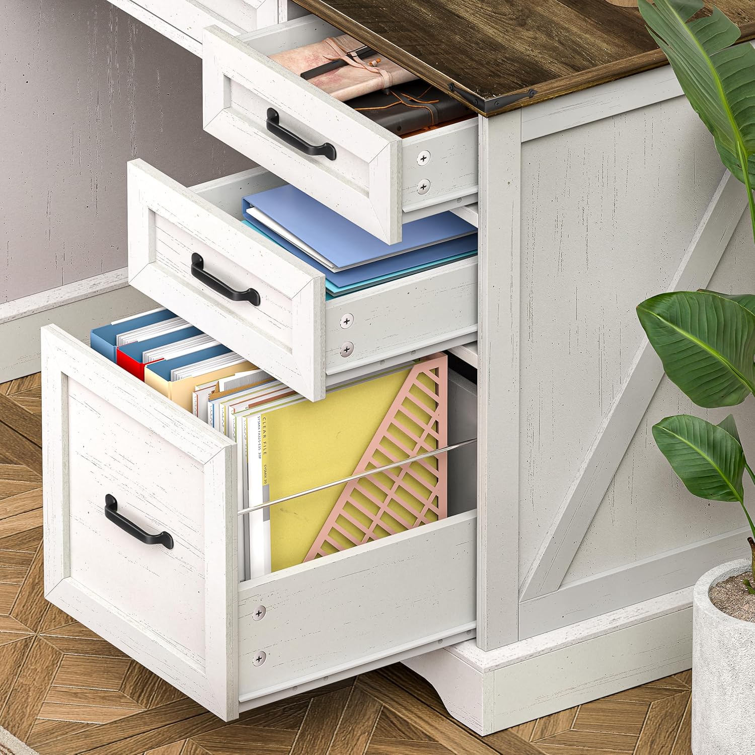 58" Farmhouse Executive Desk Modern Computer Desk with Drawers and File Cabinet Wooden Office Desk for Home Office Workspace with Storage for Working, Studying, Writing (Antique White)